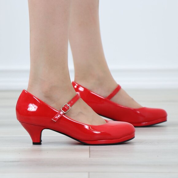 Red Patent Rockabilly Vintage Style Round Toe Kitten Low Heel Shoes - Picture 4 of 12